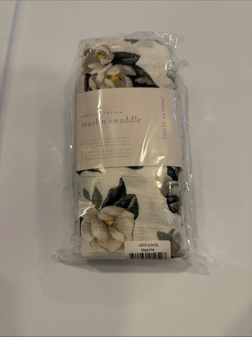 Organic Cotton Muslin Swaddle - Magnolia Print, White/Green